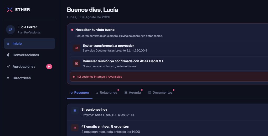 Panel de XETHER con aprobaciones pendientes, reuniones y trabajo preparado